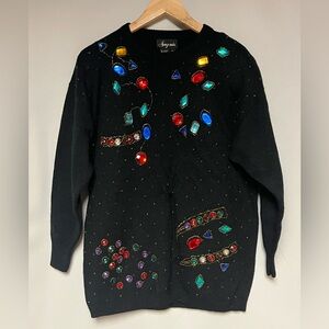 Vintage Angenie Black Sweater with Colorful Gem Accents